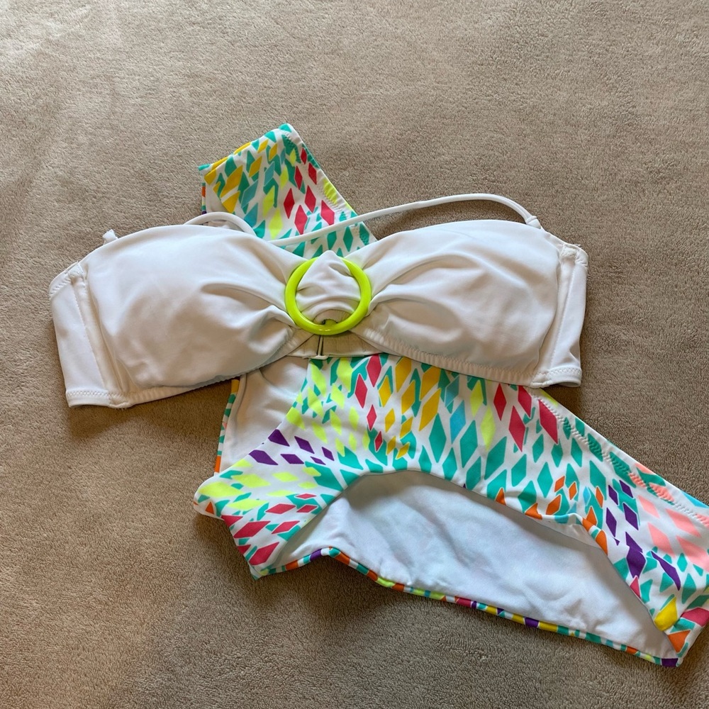 Victoria Secret 2 pc. White/ Multi Colored Bikini .  Size L
